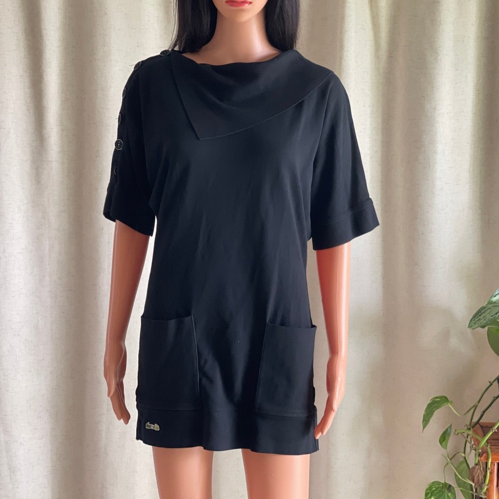 Lacoste + Malandrino Womens Black Cotton Modal Button Shoulder Tunic Dress S - Picture 2 of 8
